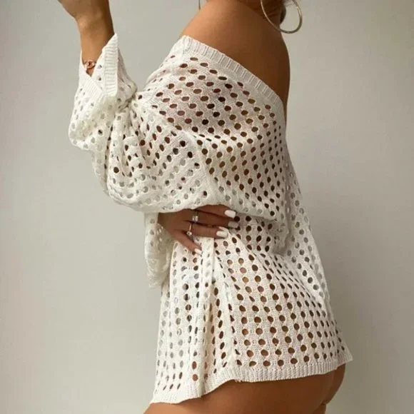 Boho hollow cut Knit Crochet Top beach vacation white - Picture 5 of 8